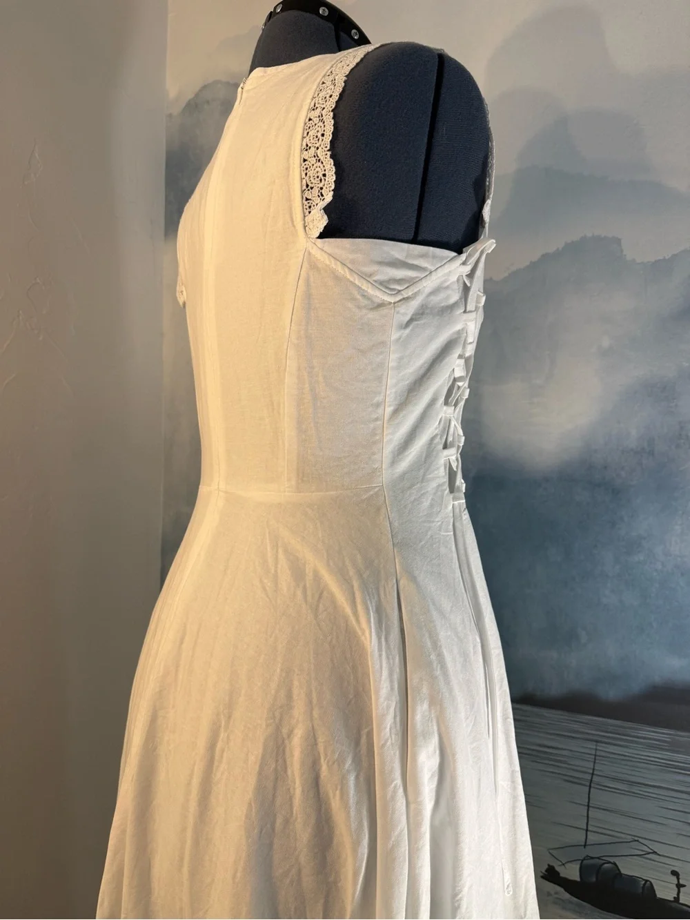 Sleeveless White Midi Dress with Lace-Trim Details #177
